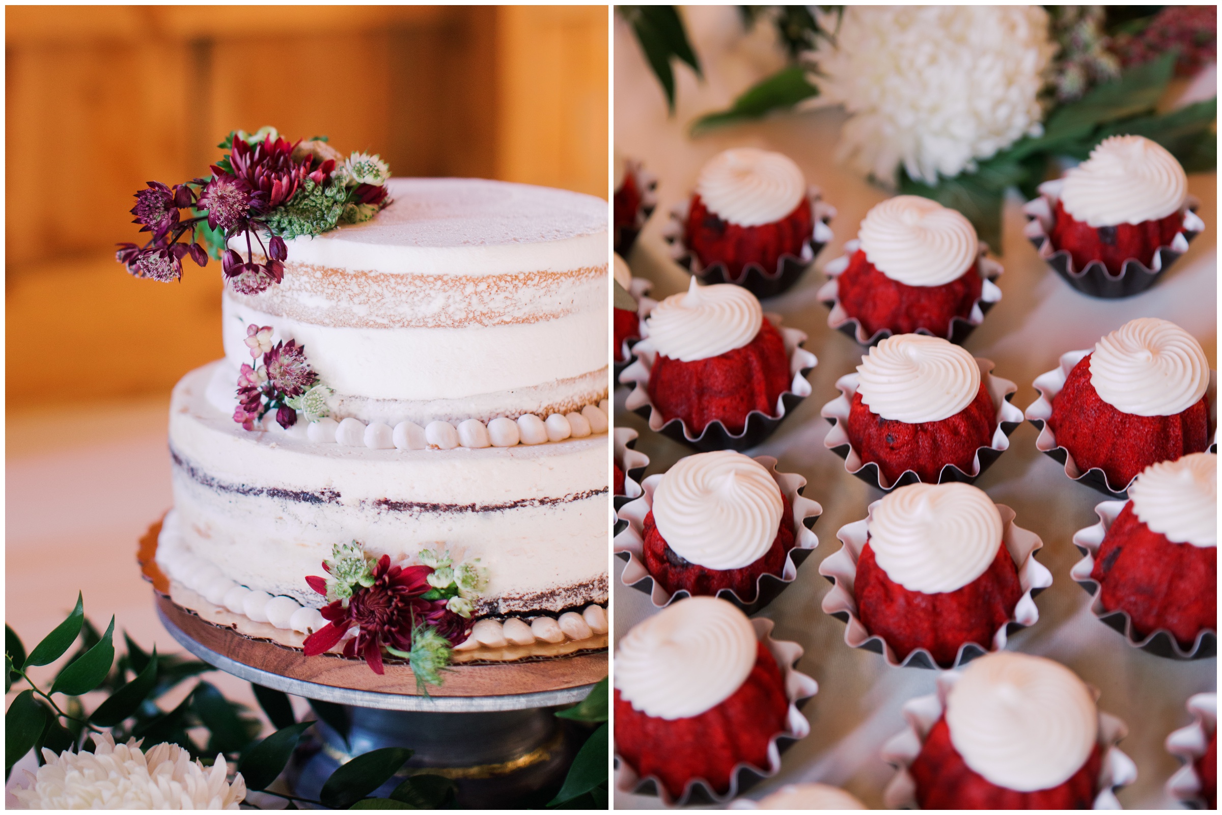 Wedding Cake with burgundy flowers, Nothing Bundt Mini wedding cakes, Jennifer Clapp Photography